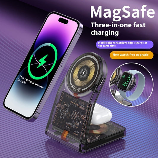 Transparent three-in-one wireless charger electromagnet stand