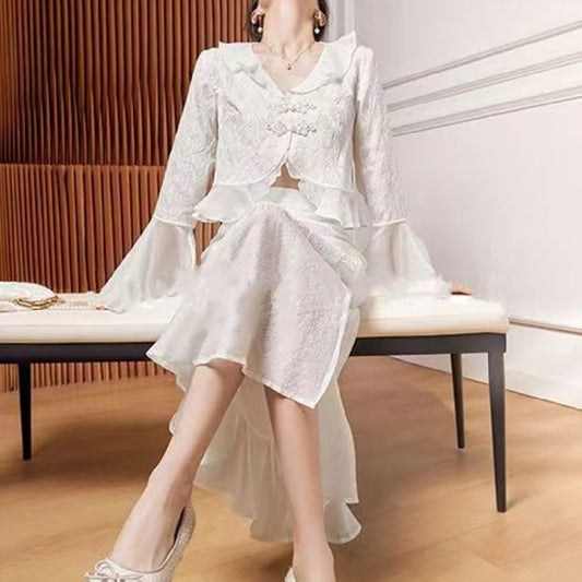 Chinese high collar suit, shirt, top and skirt, two-piece suit