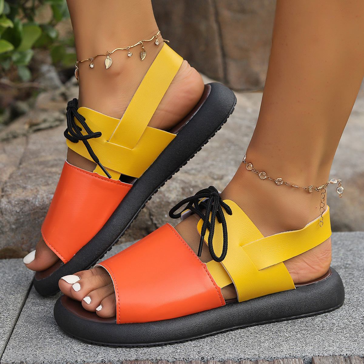 Color Block Lace Up Roman Sandals for Women Summer New Fashion Flat Fish Mouth Beach Shoes