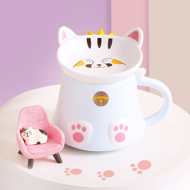 Cartoon Cat Ceramic Mug with Lid, Spoon Cup