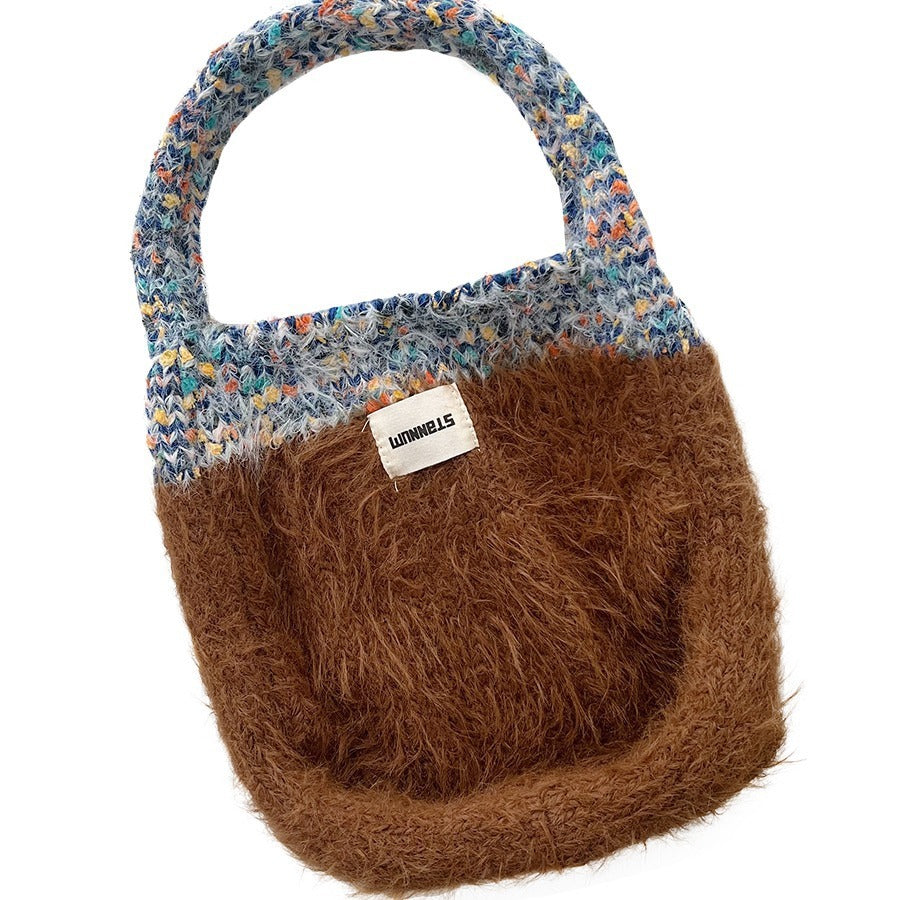 Maillard color fur bag Exquisite cute portable Korean style new contrast color knitted all-matching