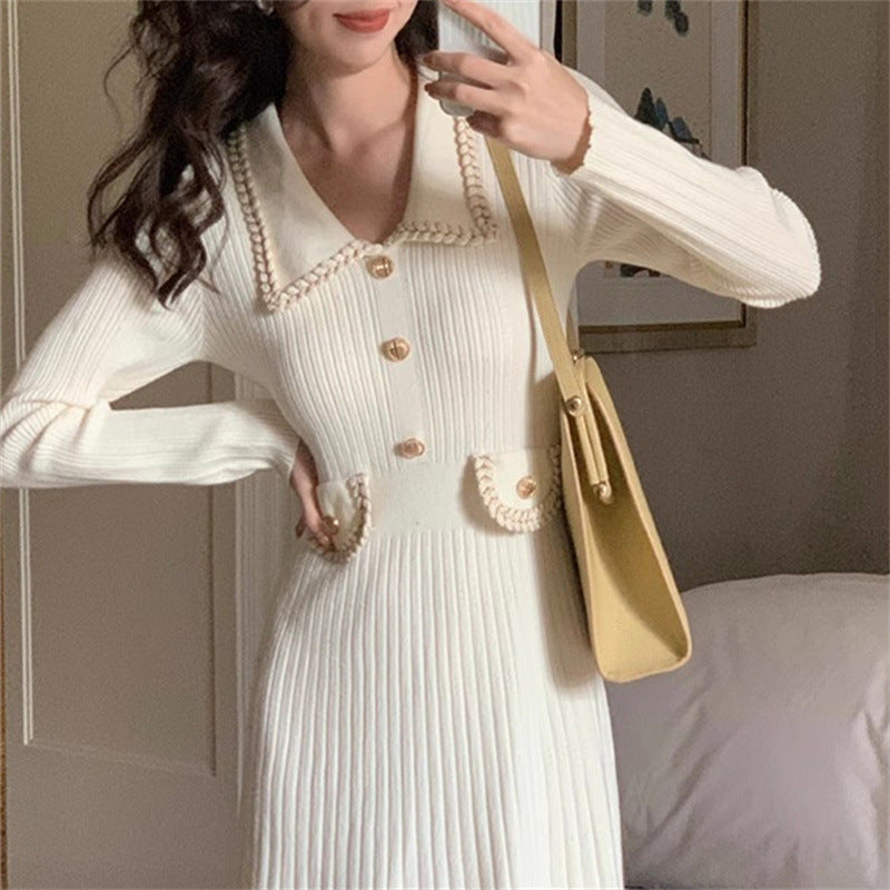 Lapel Slimming Knitted Women's Base Dress