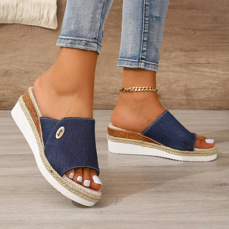 Denim Canvas Wedges Sandalen Mode Hanf High Heel Dicke Unterseite Fischmaul Schuhe für Frauen