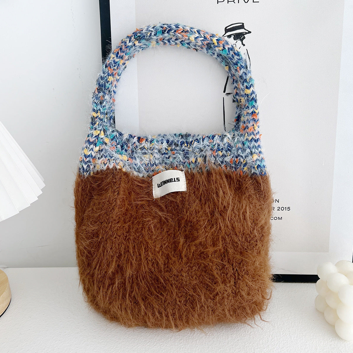 Maillard color fur bag Exquisite cute portable Korean style new contrast color knitted all-matching