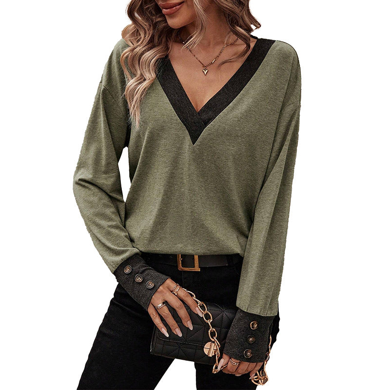 Women's Fashion Casual Loose-fitting V-neck Long Sleeves T-shirt