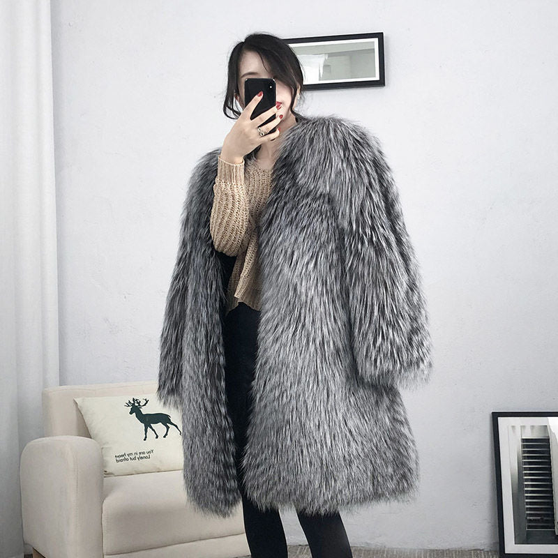 Mid-length Fox Fur Faux Fur Coat Women's Warm Leisure Overcoat