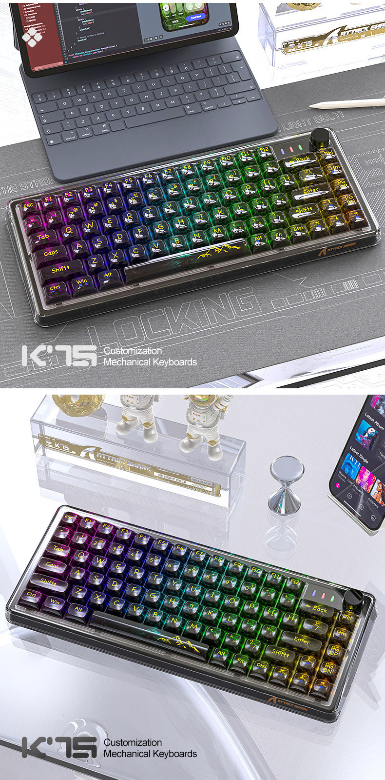 Attack Shark K75RGB Wireless Mechanical Bluetooth Transparent Gasket Hot Plug Keyboard