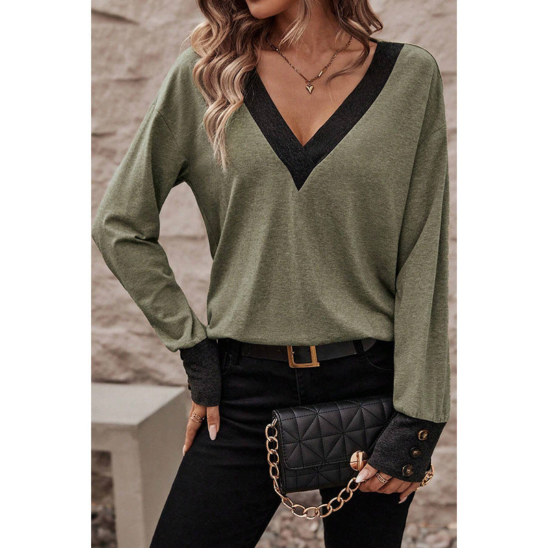 Women's Fashion Casual Loose-fitting V-neck Long Sleeves T-shirt