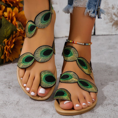 Mode Peacock Stickerei Muster flache Sandalen