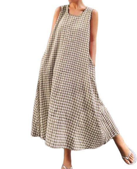 Women's Cotton And Linen Plaid Loose-fitting Casual Sleeveless Large Swing Skirt