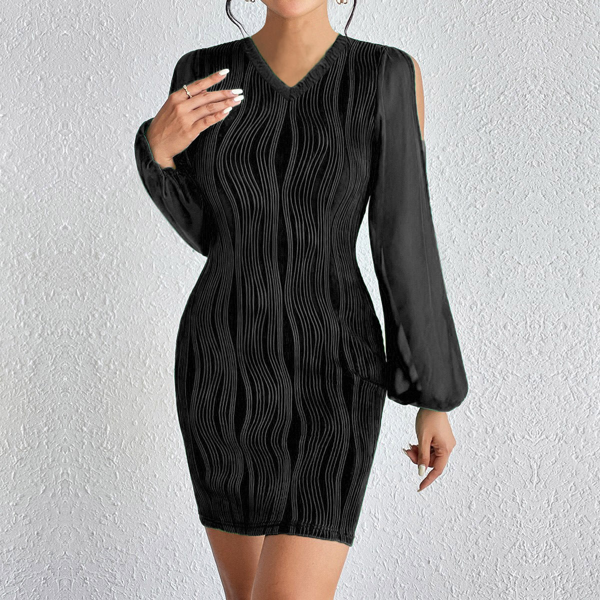 Slimming V-neck Dress Women Fashion Long Sleeve Solid Color Short Dress