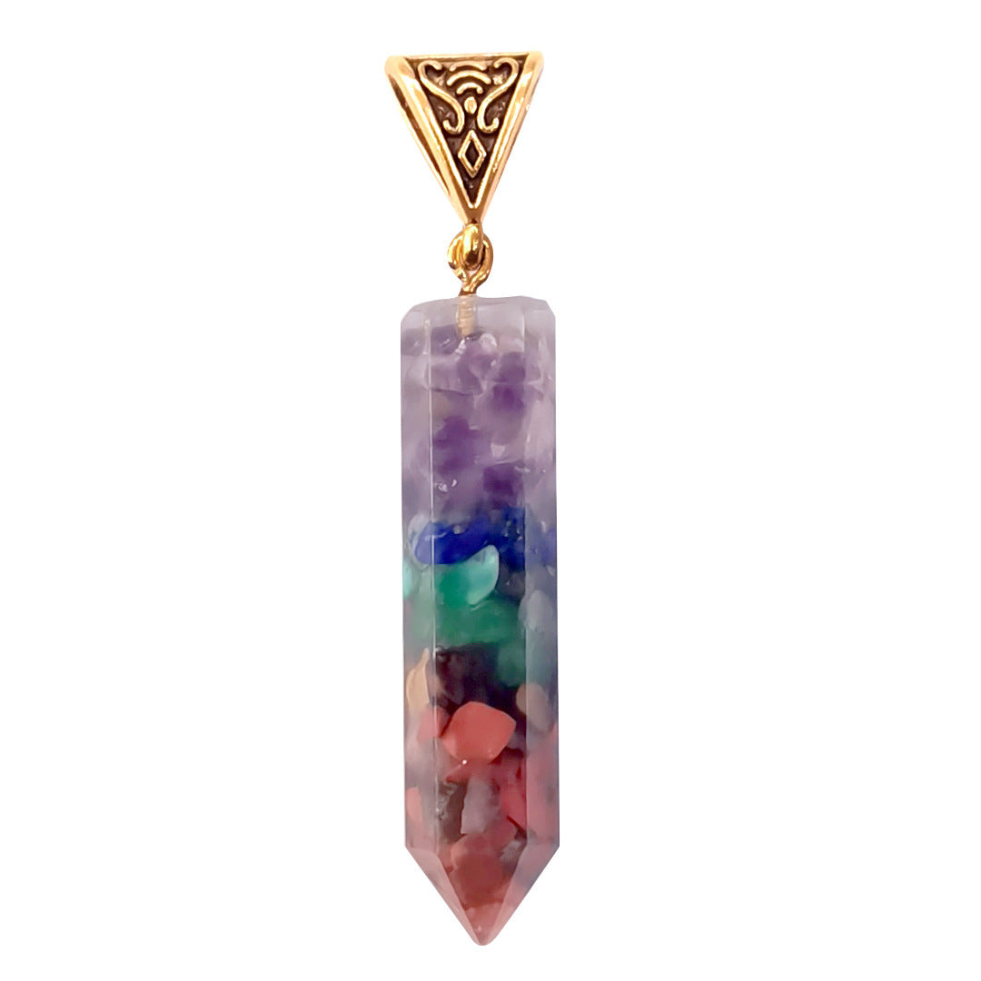 Seven Chakra Natural Crushed Stones Hexagon Column Necklace Aura Pendant