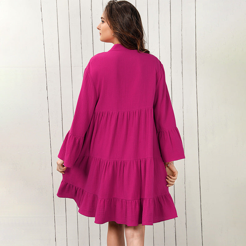 Women's Fashion Solid Color V-neck Long-sleeve Dress