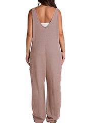 Damen-Jumpsuit mit Waffelmuster, lässig, locker, ärmellos, V-Ausschnitt, Overall mit Doppeltasche, Cargohose