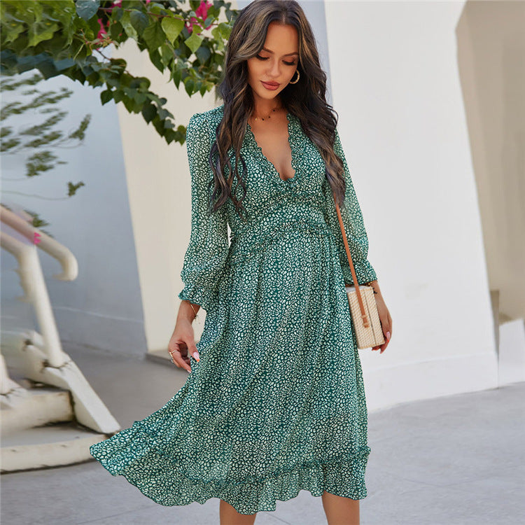 Printed Women's V-neck Stitching Long-sleeved Midi Dress