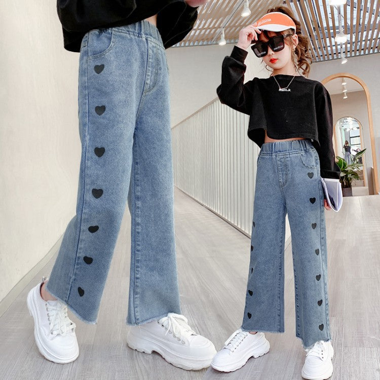 Girls Denim Funky Casual Love Wide Leg Pants