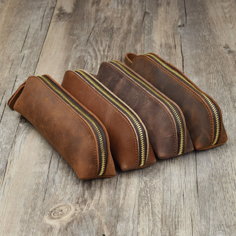 First Layer Cowhide Handmade Pencil Pen Storage Zipper Glasses Case