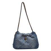 Denim Damen Tasche Denim Blau Gewebte Kette Messenger Bag Rautenförmige Stickerei Faden