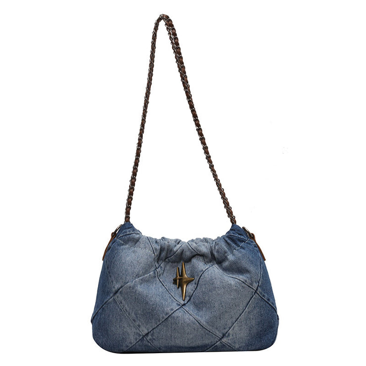 Denim Damen Tasche Denim Blau Gewebte Kette Messenger Bag Rautenförmige Stickerei Faden