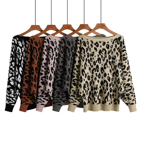 Off-the-shoulder Collar Loose-fitting Batwing Sleeve Shirt Jacquard Heavy Industry Leopard Print Sweater