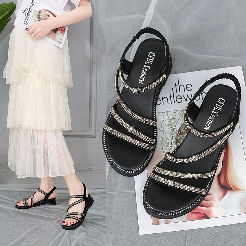 Women's Sandals Casual Ladies Summer Korean Style Flat for Outdoor Rhinestone Fairy All-Match Fashion Anti-Slip