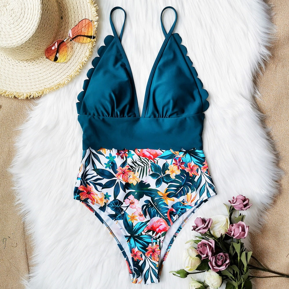 One Piece Printed Lace Swimsuit Halter Sexy