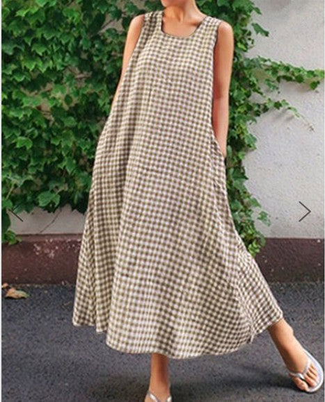 Women's Cotton And Linen Plaid Loose-fitting Casual Sleeveless Large Swing Skirt