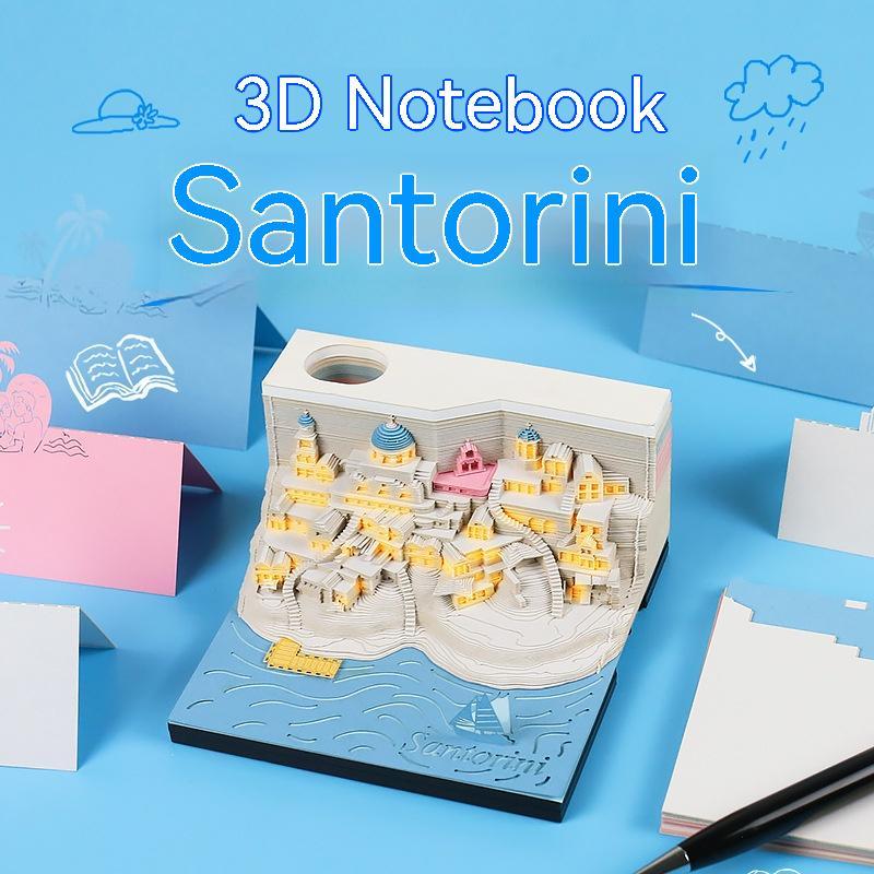 Romantische Santorini 3d Notizblock Papier Carving Gebäude Modell Beleuchtung Dekoration