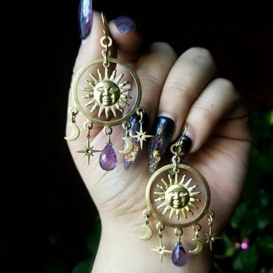 Amethyst Teardrop Pendant Golden Sun Moon XINGX Earrings