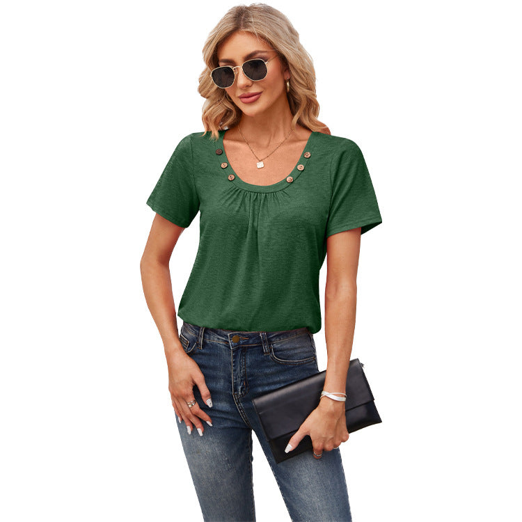 Women's Short-sleeved T-shirt Summer Button Square Collar Pleated Design Solid Color Loose T-shirt Womens Clothing