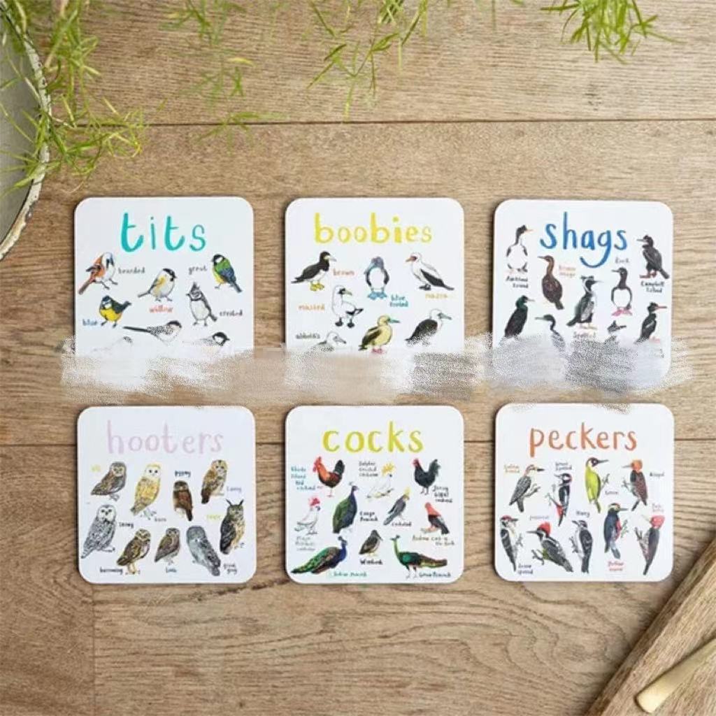 Bird Pun Coasters Fun Square Drink Coaster For Children Wooden And PVC Cup Mats Home Kitchen Decor