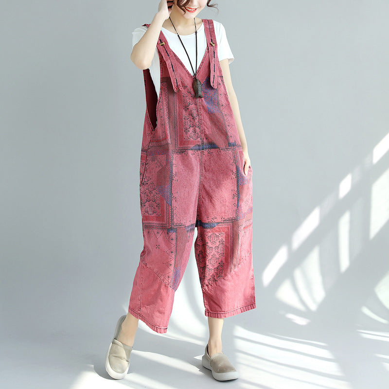 Printed Distressed Cropped Stitching Denim Suspender Pants