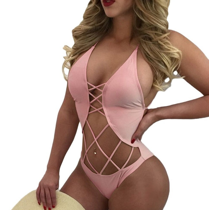 Solid Color Mesh Sexy Backless One Piece Bikini