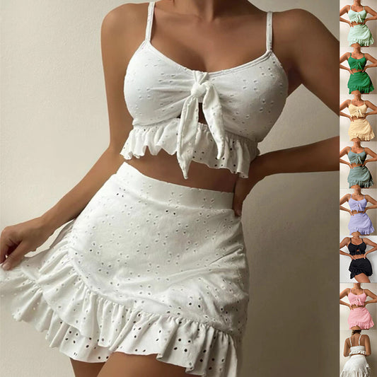 Beach bikini with hip-hugging skirt, fashionable ruffle design, 3-piece set