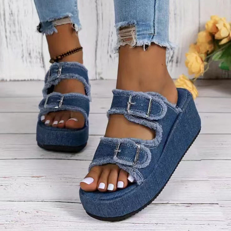 Mode Denim Schnalle Keile Sandalen High Heel Dicke Sohle Schuhe für Frauen