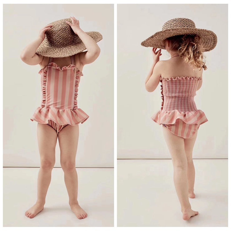 Children's Swimwear Ins Explosion Models Girls Siamese  Striped Princess Wind Lace Swimsuit