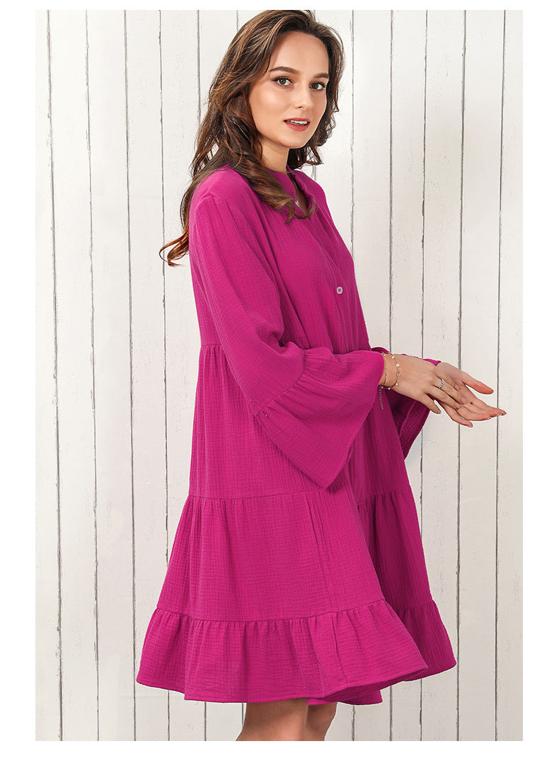 Women's Fashion Solid Color V-neck Long-sleeve Dress