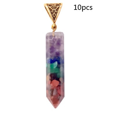 Seven Chakra Natural Crushed Stones Hexagon Column Necklace Aura Pendant