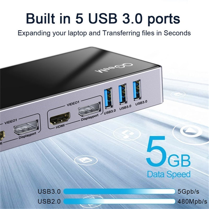 QGeeM 15in1 Type-C Multi-function DisplayLink Docking Station Single 5K Dual 4K Multi-system Compatible