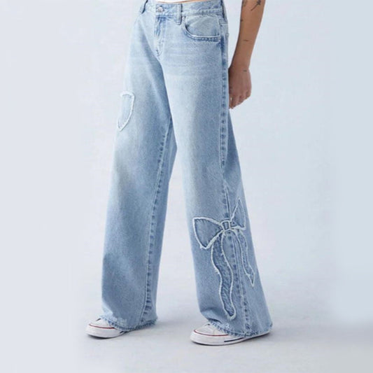 Gerade Hose, bestickte, seitlich ausgefranste Schmetterlings-Jeans, Street-Design, Hot Girl Baggy Pants