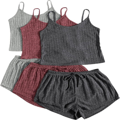 Damen Rippenstrick Crop-Top Spaghettiträger Schnürshorts Set