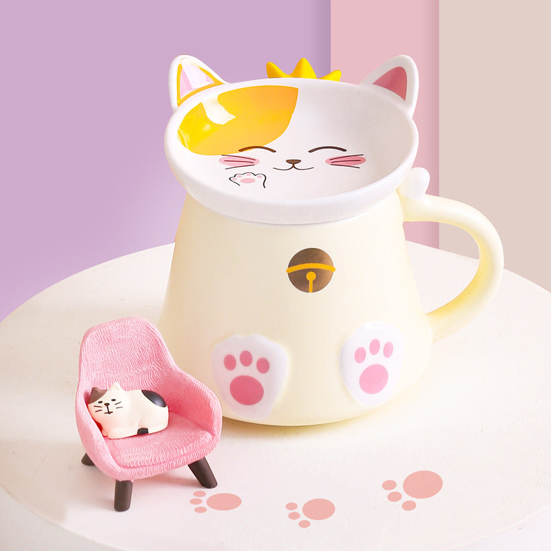 Cartoon Cat Ceramic Mug with Lid, Spoon Cup