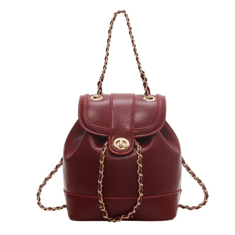 Ladies chain backpack one shoulder retro oily bucket bag