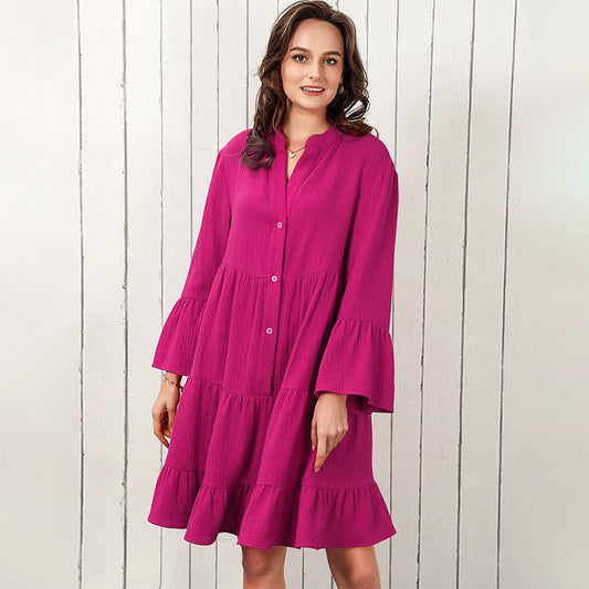 Women's Fashion Solid Color V-neck Long-sleeve Dress