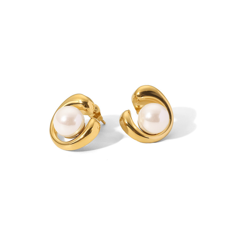 18k gold, stainless steel, geometric pearl stud earrings