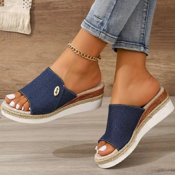 Denim Canvas Wedges Sandalen Mode Hanf High Heel Dicke Unterseite Fischmaul Schuhe für Frauen