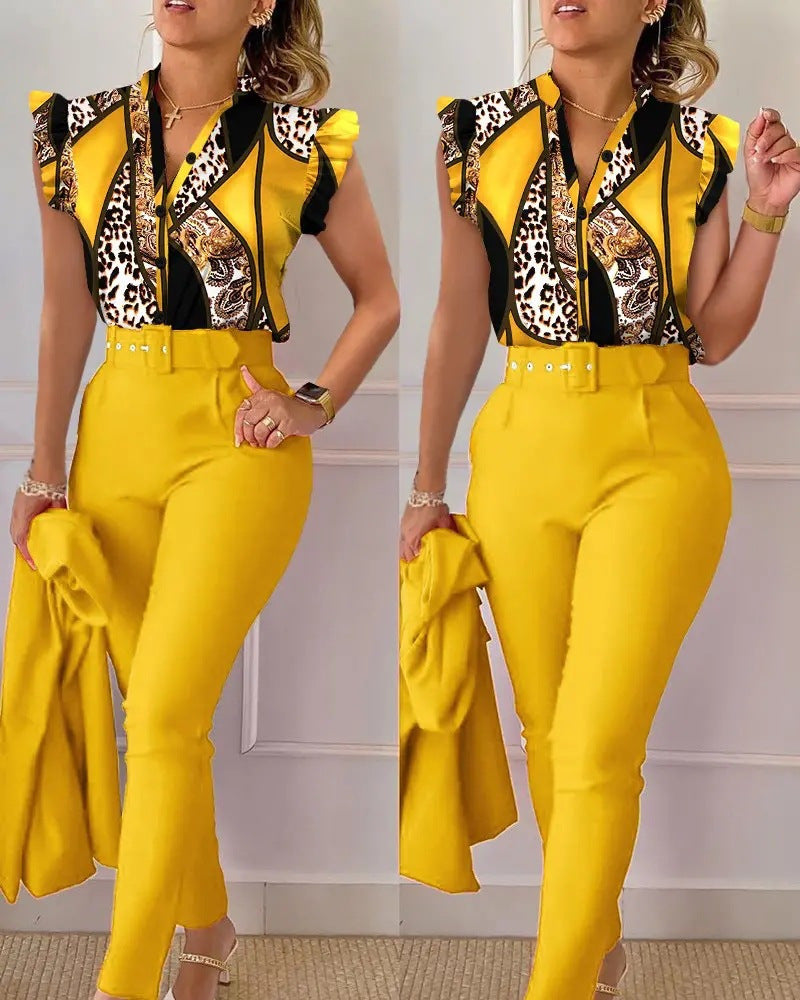 Printed Ruffle Sleeve Top Solid Color Pants Suit With Belt