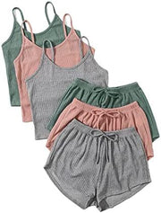 Damen Rippenstrick Crop-Top Spaghettiträger Schnürshorts Set