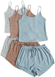 Damen Rippenstrick Crop-Top Spaghettiträger Schnürshorts Set