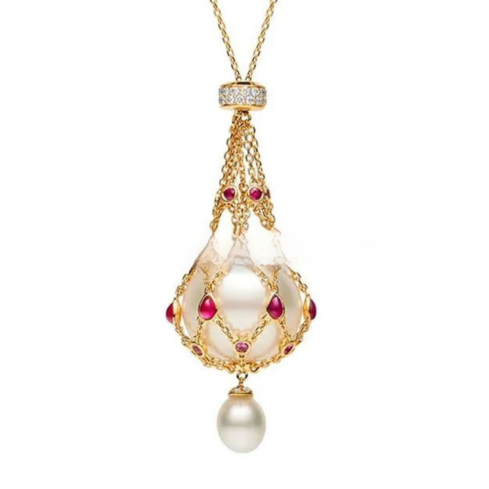 Pearl Gemstone Lavalier Pendant Metal Net Bag Pearl Necklace